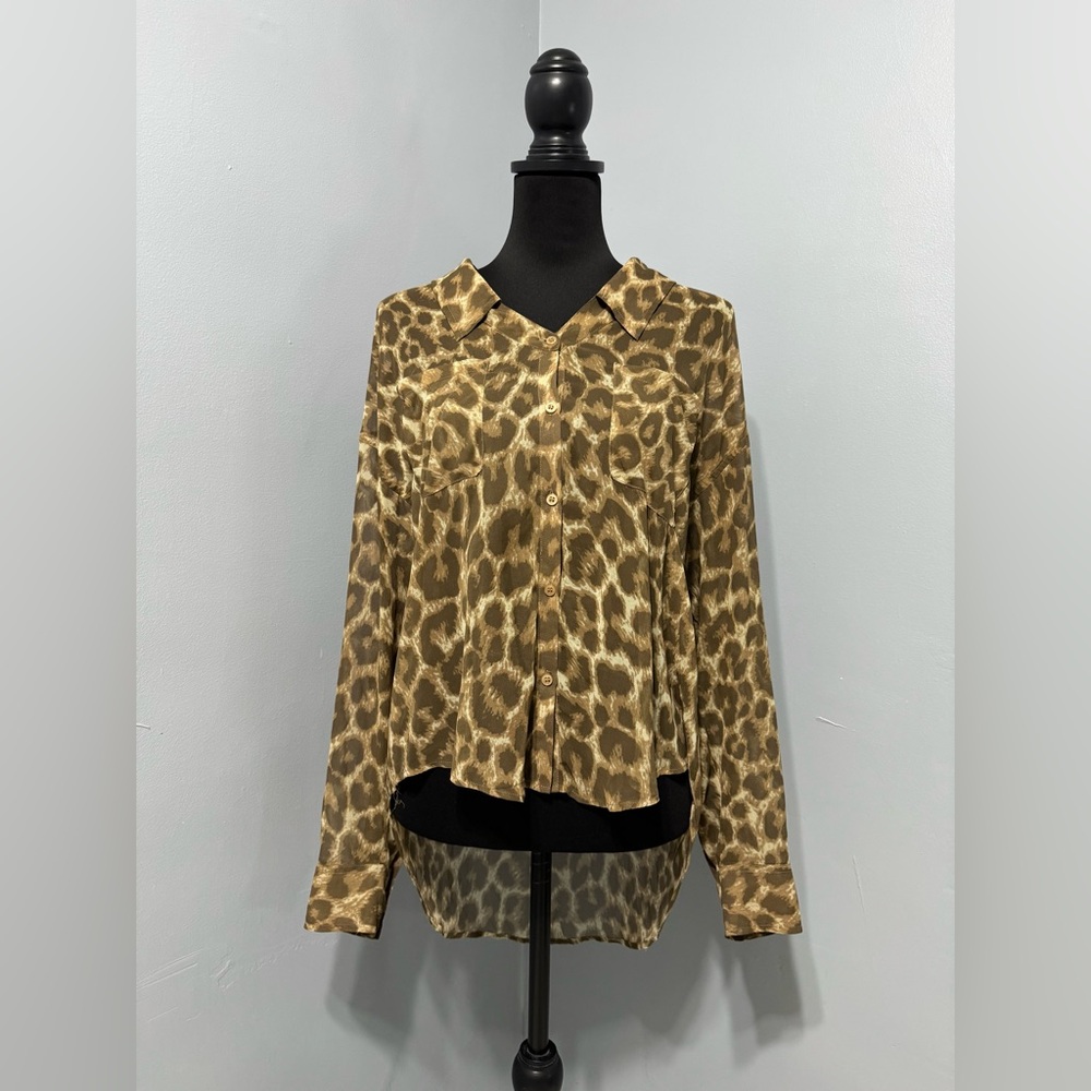 FREE PEOPLE Semi Sheer Hi-Low Leopard Print Button-Up Blouse Women’s Small‎